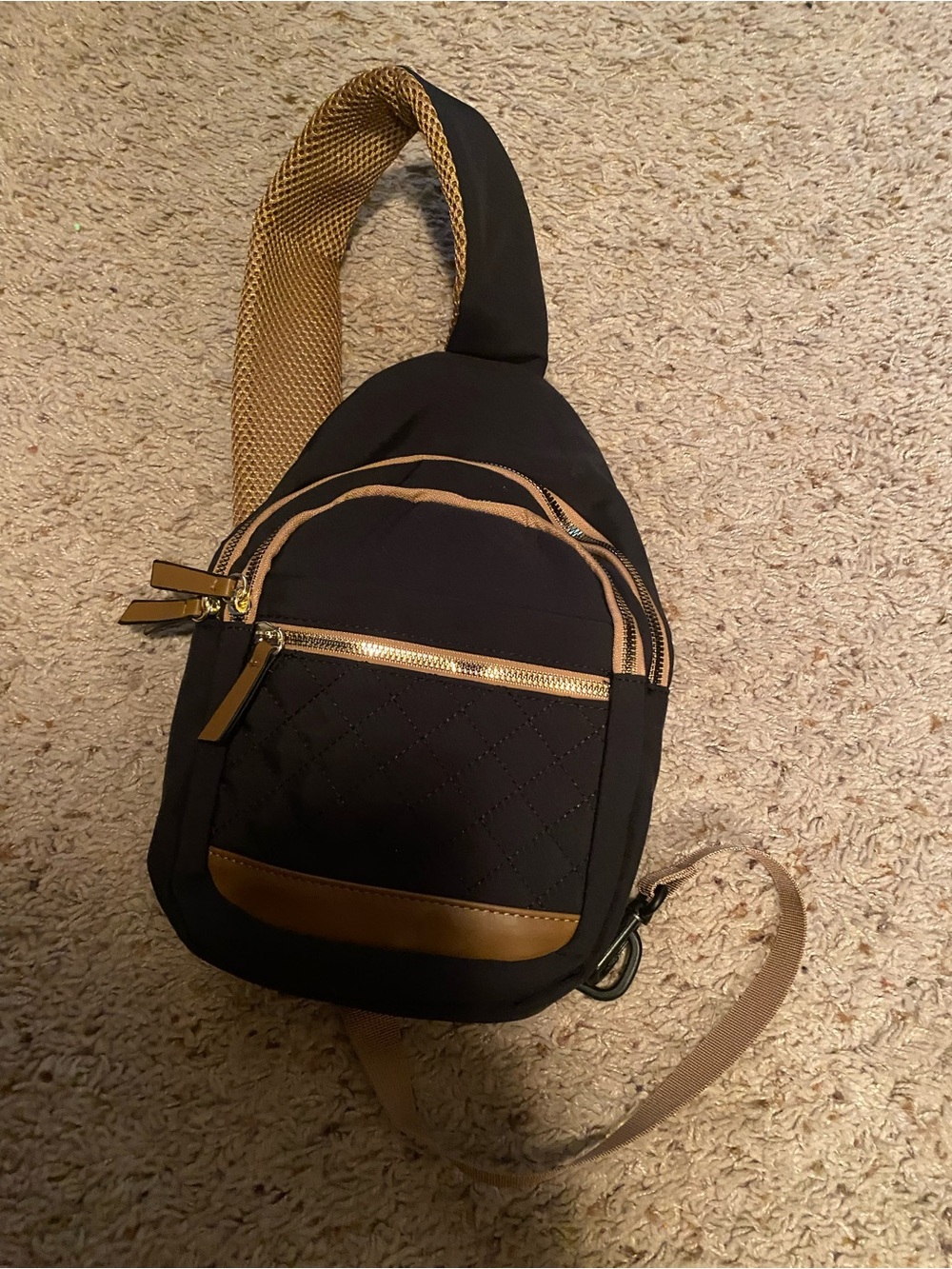 Black and Tan Quilted Sling Crossbody Bag